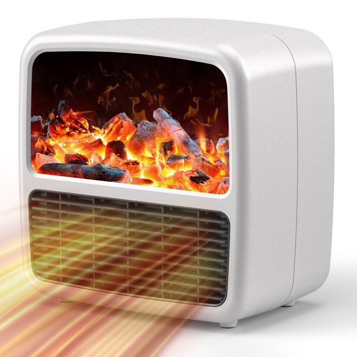 Mini Aeroterma Portabila, Flippy, Display LCD, Flacara Tip Semineu, 1500W, 2 Trepte, Oprire Automata, 22 x 22 x 15 cm, Alb