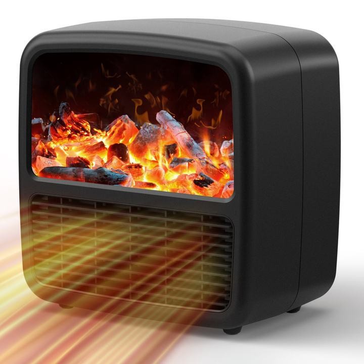 Mini Aeroterma Portabila, Flippy, Display LCD, Flacara Tip Semineu, 1500W, 2 Trepte, Oprire Automata, 22 x 22 x 15 cm, Negru