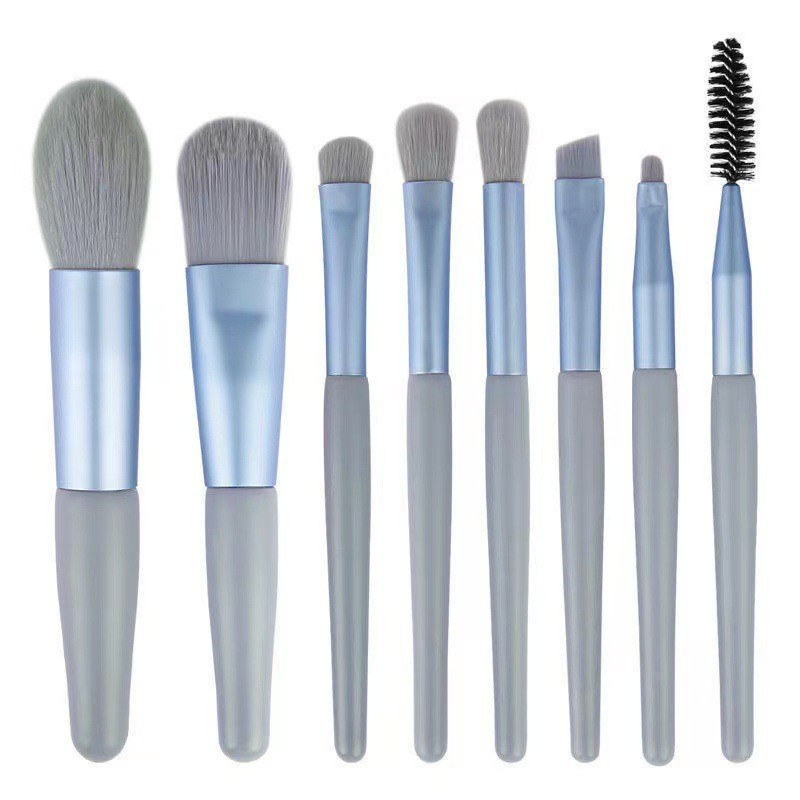 Mini Set Profesional 8 Pensule de Machiaj Flippy, cu Peri Moi și Densi, pentru Fond de Ten, Pudră, Blush, Fard și Sprâncene, Albastru/Gri