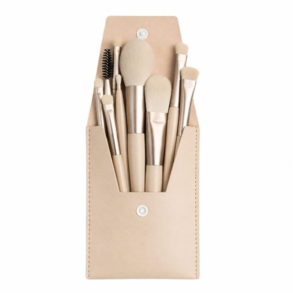 Mini Set Portabil cu 8 Pensule de Machiaj Flippy cu Husa cu Peri Moi și Densi, pentru Fond de Ten, Pudră, Blush, Fard și Sprâncene, Bej