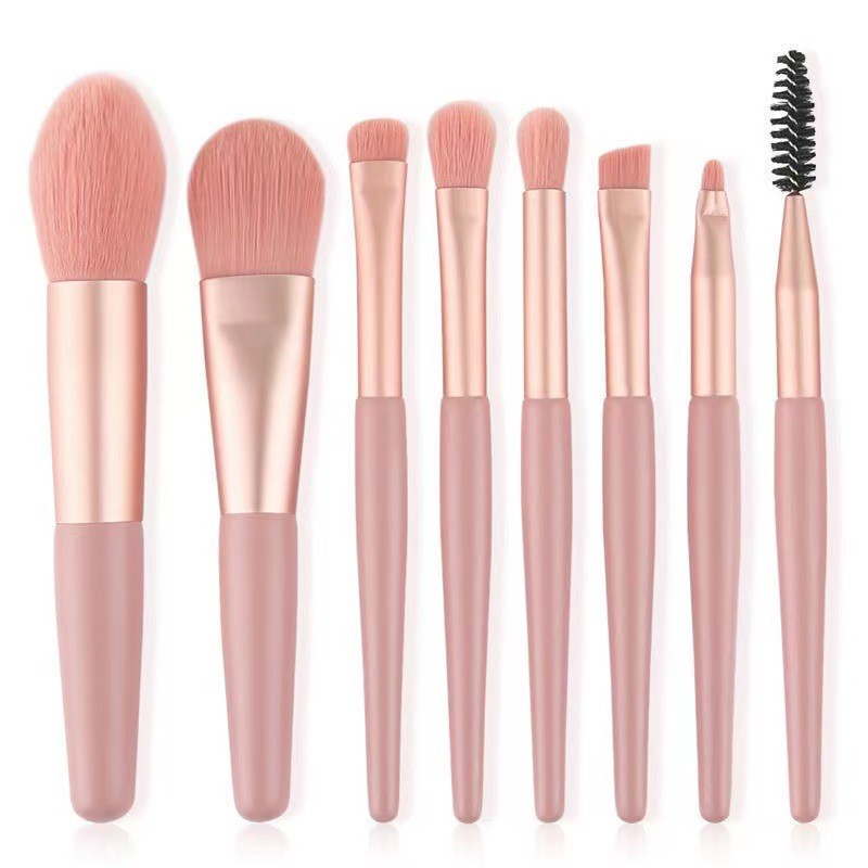 Mini Set Profesional 8 Pensule de Machiaj Flippy, cu Peri Moi și Densi, pentru Fond de Ten, Pudră, Blush, Fard și Sprâncene, Roz