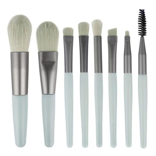 Mini Set Profesional 8 Pensule de Machiaj Flippy, cu Peri Moi și Densi, pentru Fond de Ten, Pudră, Blush, Fard și Sprâncene, Albastru Pastel