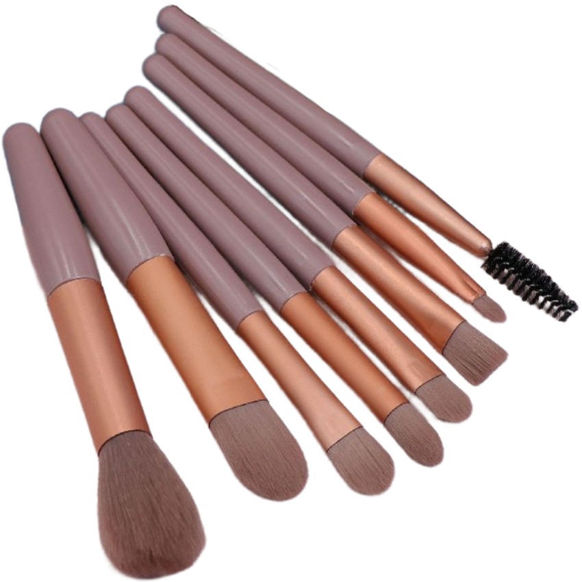 Mini Set Portabil 8 Pensule pentru Machiaj Flippy, Super Soft, Makeup Profesional/Incepatori, Maner Ergonomic, Gentuta Depozitare Inclusa, Maro