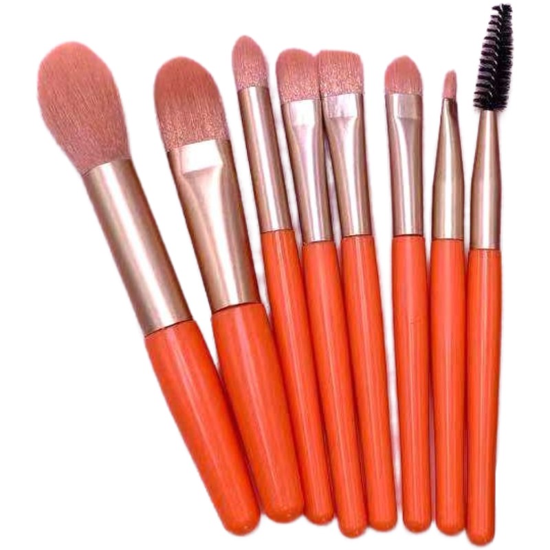 Mini Set Portabil 8 Pensule pentru Machiaj Flippy, Super Soft, Makeup Profesional/Incepatori, Maner Ergonomic, Gentuta Depozitare Inclusa, Portocaliu