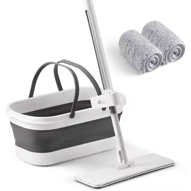 Mop Plat, Flippy, cu Galeata Pliabila, 2 Rezerve din Microfibra, 127 cm Tija Telescopica, Utilizare Umeda/Uscata, Recipient Lichid, Gri