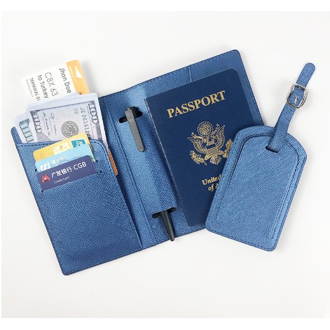 Portofel pentru Pasaport si Carduri, Flippy, 23x16 cm, 70g, din Piele PU, Suport Pix, Accesoriu Suport Eticheta, Unisex, Multifunctional, Albastru