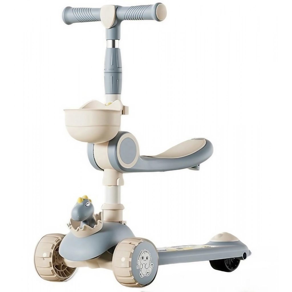Trotineta Multifunctionala 2 in 1, Flippy, pentru Copii, 1-4 Ani, cu Lumini, Reglabil 360, Pliere Usoara, Reglarea Inaltimii, Model Dinozaur, Bej/Albastru