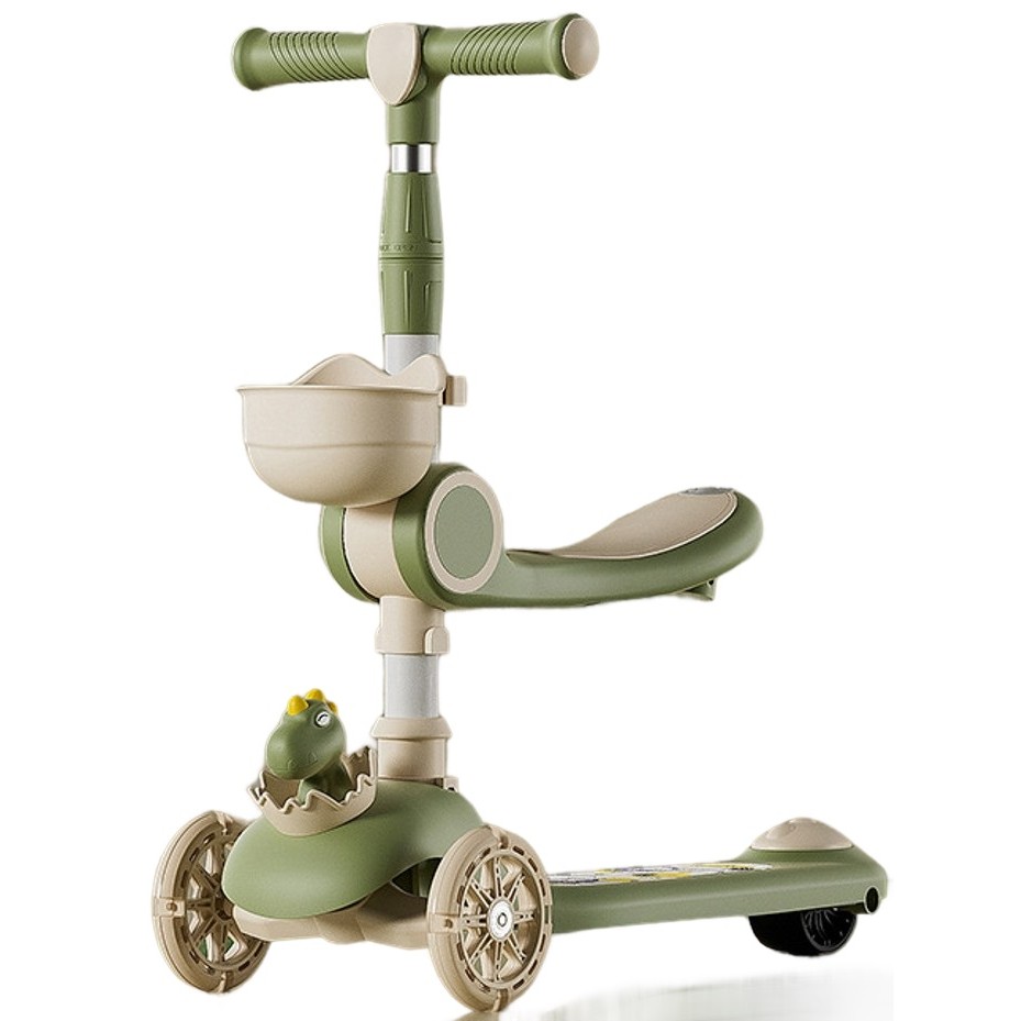 Trotineta Multifunctionala 2 in 1, Flippy, pentru Copii, 1-7 Ani, cu Lumini, Reglabil 360, Pliere Usoara, Reglarea Inaltimii, Model Dinozaur, 67-76 x 24 x 55 cm, Bej/Verde