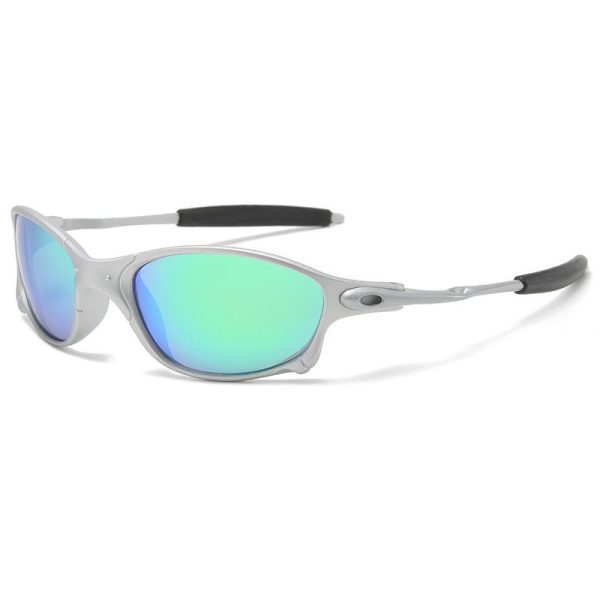 Ochelari de Soare Sport, Flippy, cu Lentile Oglinda Verde-Albastru, Rama Gri, Brate cu Protectii Negre, Design Usor si Modern, Unisex, Multicolor