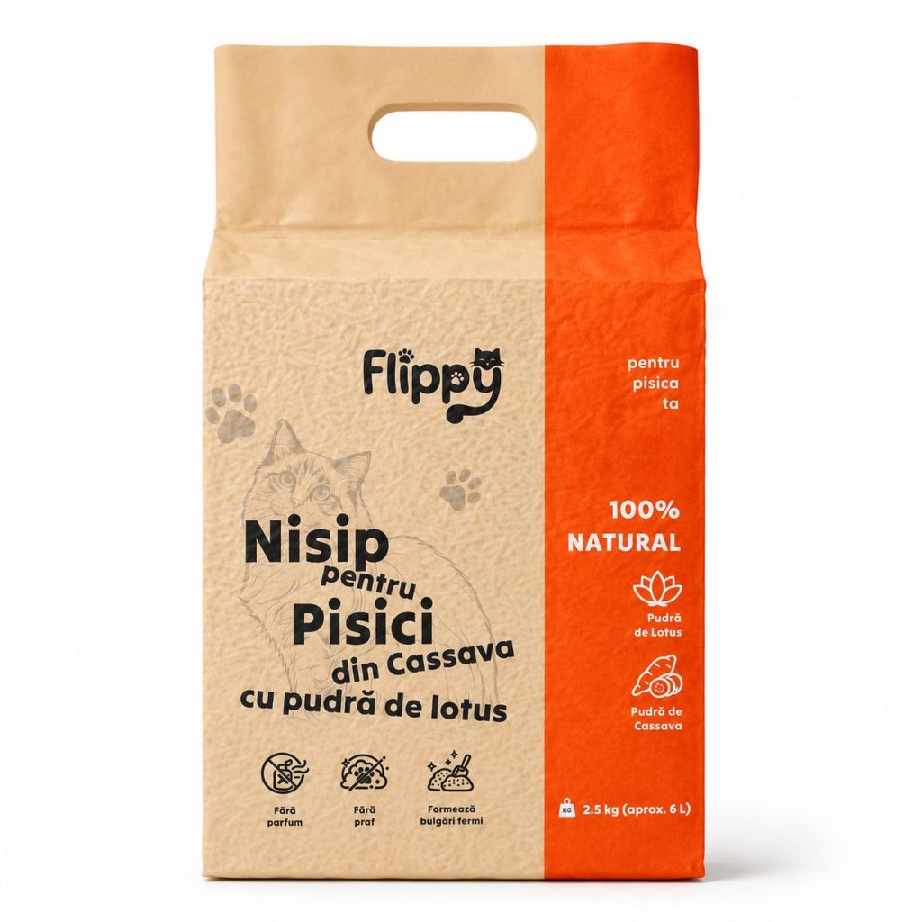 Nisip pentru Pisici din Cassava cu Pudra de Lotus, Flippy, 100% Natural, Fara Parfum si Fara Praf, Formeaza Bulgari Fermi, 2.5 kg, 6 L, Portocaliu