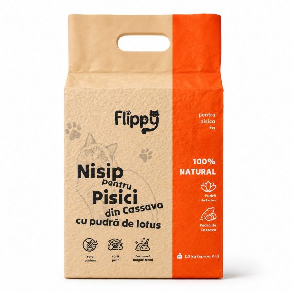 Nisip pentru Pisici din Cassava cu Pudra de Lotus, Flippy, 100% Natural, Fara Parfum si Fara Praf, Formeaza Bulgari Fermi, 2.5 kg, 6 L, Portocaliu