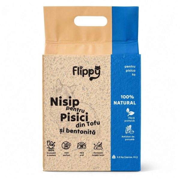 Nisip pentru Pisici din Tofu si Bentonita, Flippy, 100% Natural, Fara Parfum si Fara Praf, Aruncabil in Toaleta, Formeaza Bulgari Fermi, 2.5 kg, 6 L, Albastru