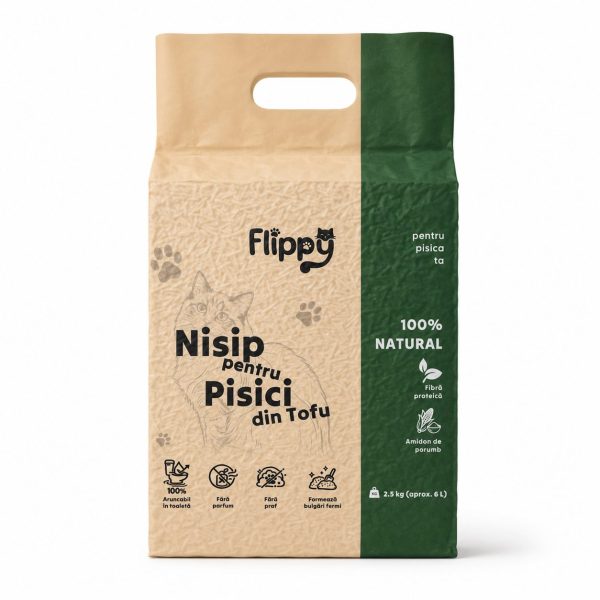 Nisip pentru Pisici din Tofu, Flippy, 100% Natural, Fara Parfum si Fara Praf, Aruncabil in Toaleta, Formeaza Bulgari Fermi, 2.5 kg, 6 L, Verde
