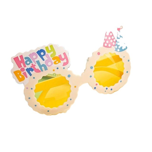 Ochelari Decorativi, Flippy, pentru Petrecere, din ABS, Unisex, Model Happy Birthday, 13.5 x 8.5 cm, Bej cu Lentile Galbene