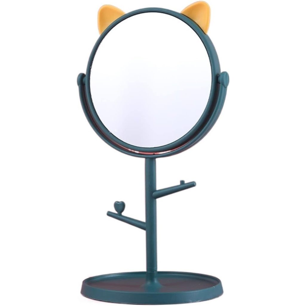 Oglina Cosmetica cu Picior, Flippy, HD, Rotire 360 Grade, 15 cm Diametru, Suport Bijuterii Baza Rotunda + 2 Brate pentru Accesorii, Model cu Urechi Galbene de Ursulet, 31 x 14.5 x 15 cm, din Plastic, Albastru