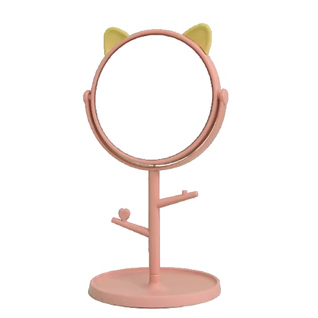 Oglina Cosmetica cu Picior, Flippy, HD, Rotire 360 Grade, 15 cm Diametru, Suport Bijuterii Baza Rotunda + 2 Brate pentru Accesorii, Model cu Urechi Galbene de Ursulet, 31 x 14.5 x 15 cm, din Plastic, Roz