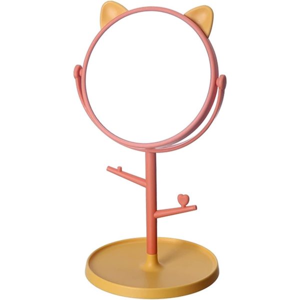 Oglina Cosmetica cu Picior, Flippy, HD, Rotire 360 Grade, 15 cm Diametru, Suport Bijuterii Baza Rotunda + 2 Brate pentru Accesorii, Model cu Urechi Galbene de Ursulet, 31 x 14.5 x 15 cm, din Plastic, Portocaliu