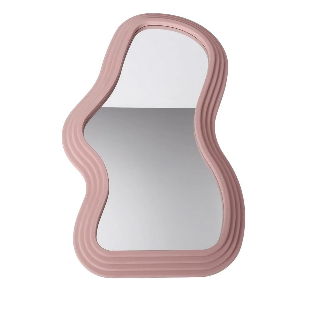 Oglinda de Perete, Flippy, Decorativa, pentru Baie, Dormitor, Sufragerie, Model Minimalist, Forma Asimetrica, 40.3x26 cm, Roz