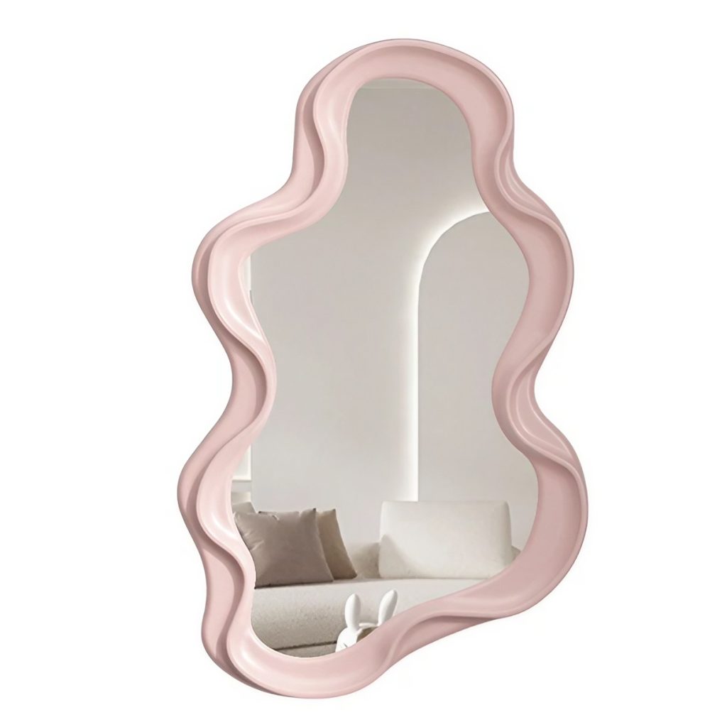 Oglinda de Perete, Flippy, Decorativa, pentru Baie, Dormitor, Sufragerie, Model Minimalist in Forma de Nor, 41x26 cm, Roz
