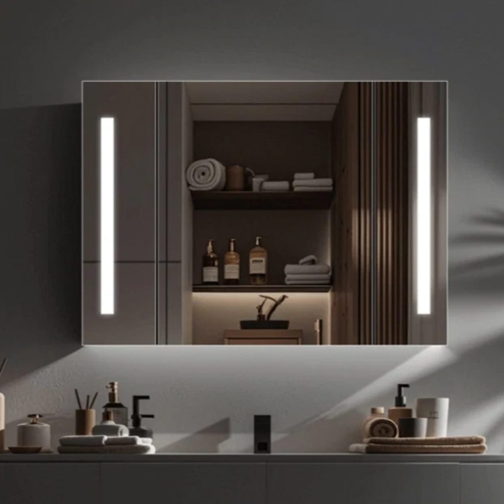 Oglinda LED cu Dulap AXEN 100x70 cm Alb Banda Verticala si Senzor Touch