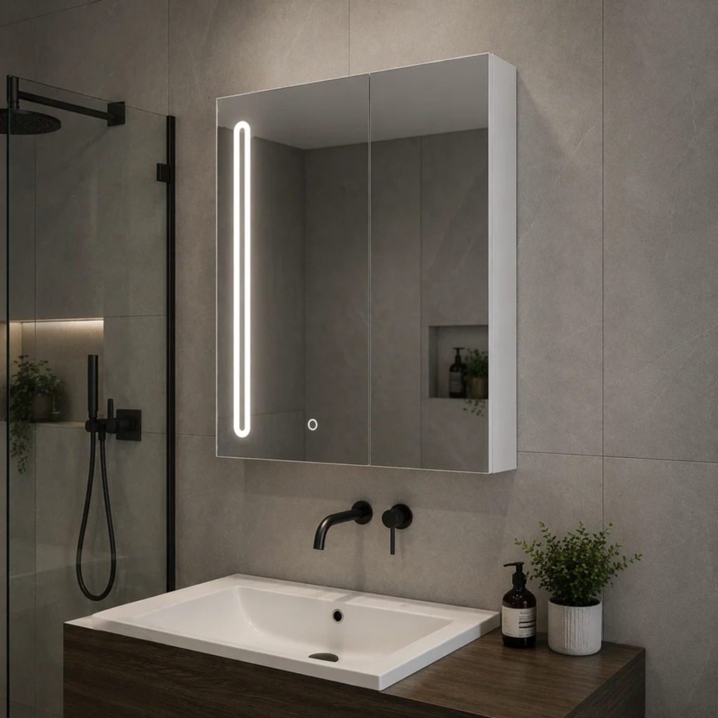 Oglinda LED cu Dulap PLANO 80x70 cm Alb Senzor Touch si Depozitare