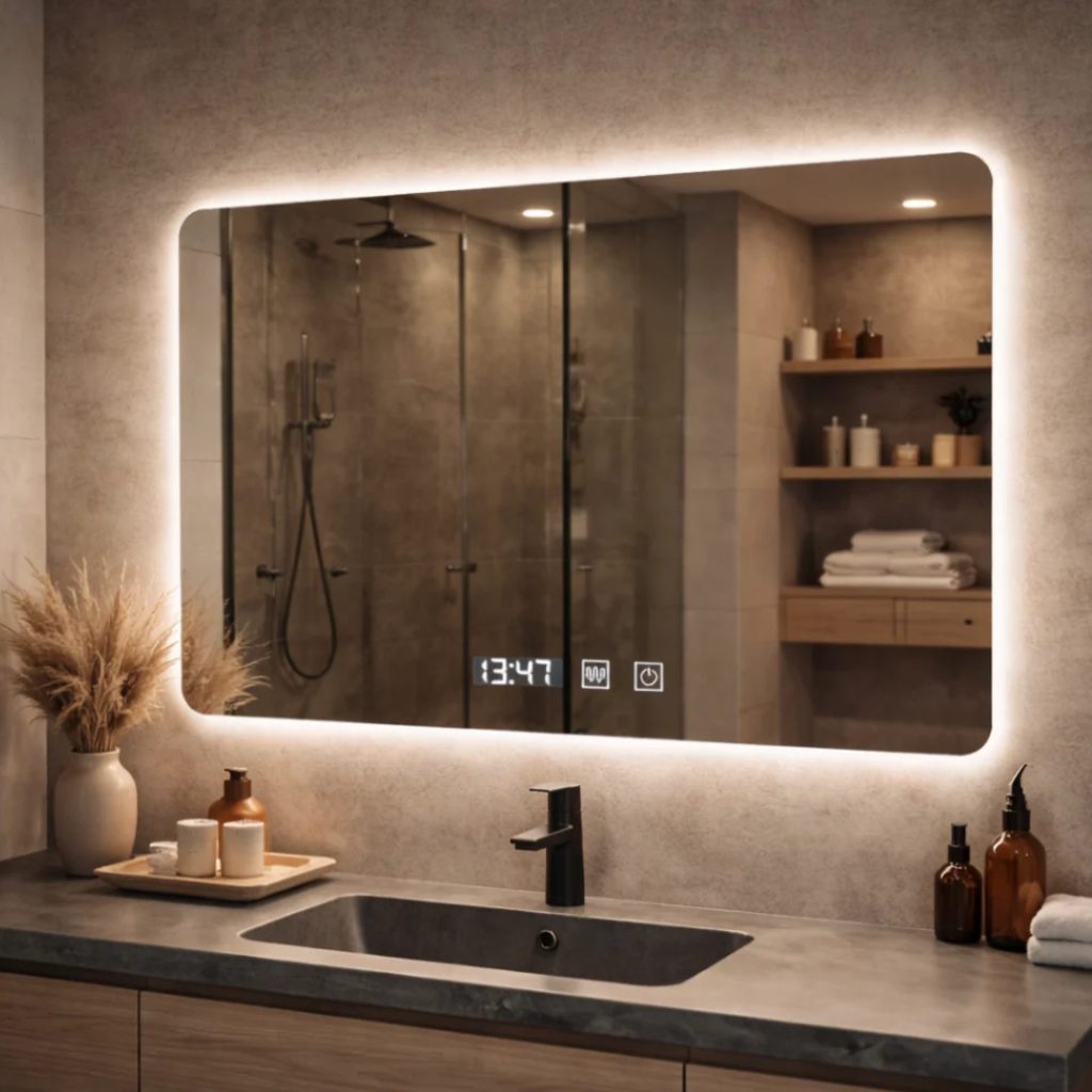 Oglinda LED Dreptunghiulara ARTAR Touch, 80X60cm, Sistem Dezaburire, Dimabila, Ceas si Temperatura, Lumina Calda Neutra Rece 3000K/4000K/6000K