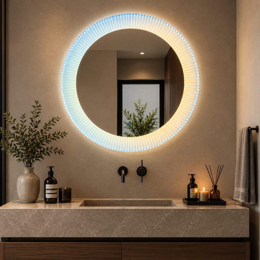 Oglinda LED FISHMAN Rotunda, 70cm, Rama din acrilic cu efect irizat, Senzor, Lumina 3000K, 4000K, 6000K, Sistem Dezaburire, Acrilic, Functii Ceas si Temperatura