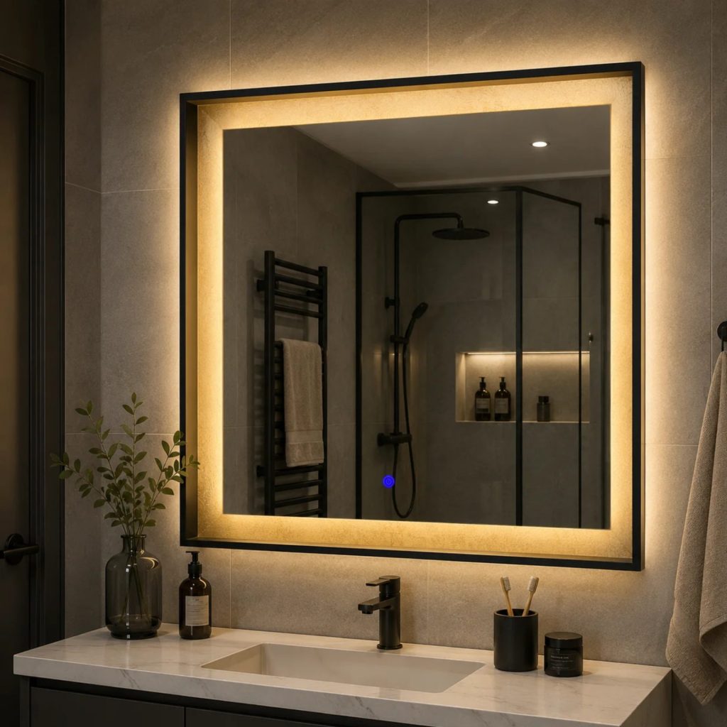 Oglinda LED NUK, 70x70cm, 12W, Negru, Senzor, Lumina 3000K, 4000K, 6000K, Sistem Dezaburire, Metal, Functii Ceas si Temperatura