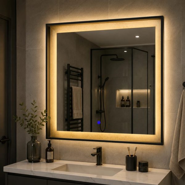 Oglinda LED NUK, 70x70cm, 12W, Negru, Senzor, Lumina 3000K, 4000K, 6000K, Sistem Dezaburire, Metal, Functii Ceas si Temperatura