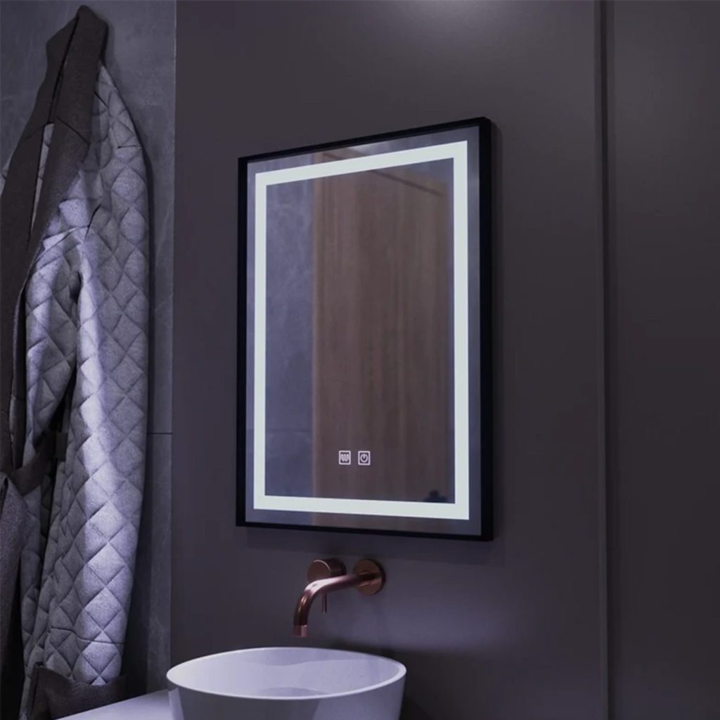 Oglinda LED Rectangulara, 60x80cm, EDGE Touch, Sistem Dezaburire, Rama Neagra