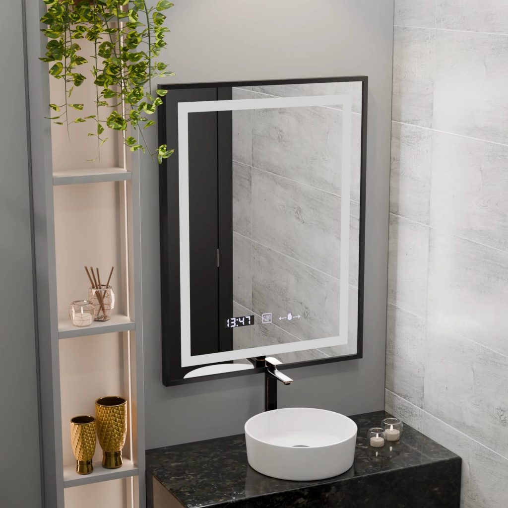 Oglinda LED Rectangulara, 60x80cm, Verite Majeste Noir Motion Glow Marcello, Sistem Dezaburire, Ceas & Termometru, Dimabila
