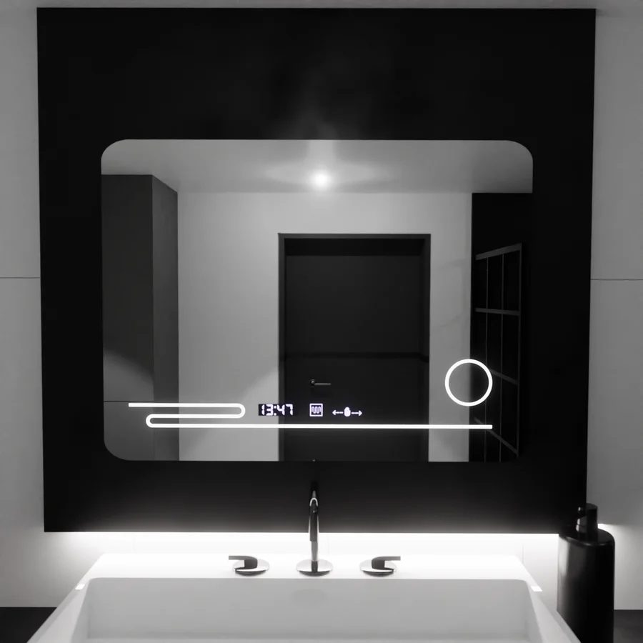 Oglinda LED Rectangulara, 80x60cm, Harmonie MotionGlow Marcello, Sistem Dezaburire, Termometru si Ceas, Lupa Cosmetica, Dimabila