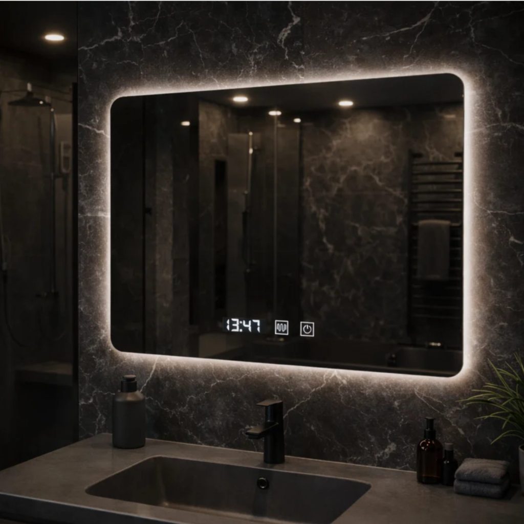 Oglinda LED Rectangulara, 80x60cm, Verite Majeste Noir Motion Glow Marcello, Sistem Dezaburire, Ceas & Termometru, Dimabila