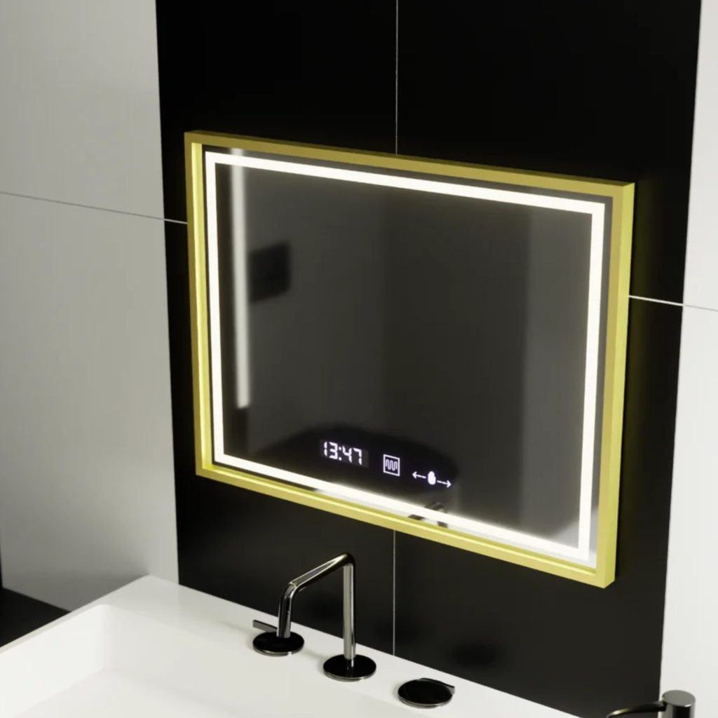 Oglinda LED Rectangulara, 80x60cm, Verite Royale Gold MotionGlow Marcello, Sistem Dezaburire, Ceas & Termometru, Dimabila