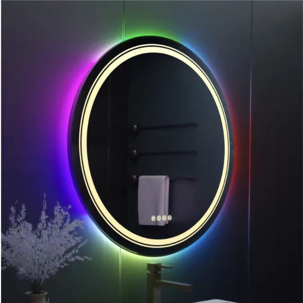 Oglinda LED Rotunda, 60cm, Celeste MotionGlow Marcello, Lumina RGB, Boxa Bluetooth, Sistem Dezaburire, Ceas & Termometru, Dimabila 60X60BTRGB