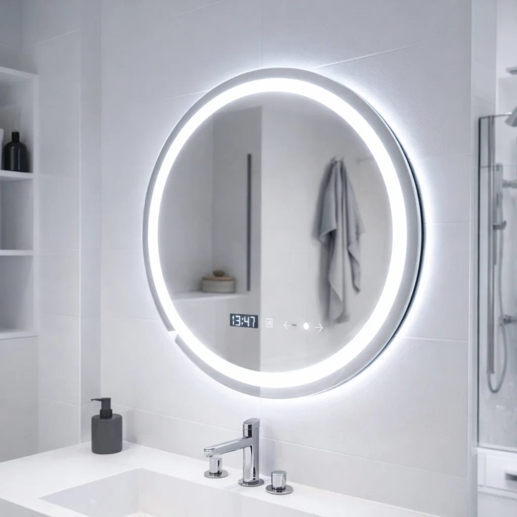 Oglinda LED Rotunda, 70cm, Celeste MotionGlow Marcello, Sistem Dezaburire, Ceas & Termometru, Dimabila, Lumina Calda Neutra Rece 3000K/4000K/6000K
