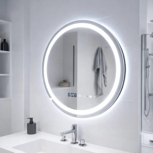 Oglinda LED Rotunda, 70cm, Celeste MotionGlow Marcello, Sistem Dezaburire, Ceas & Termometru, Dimabila, Lumina Calda Neutra Rece 3000K/4000K/6000K