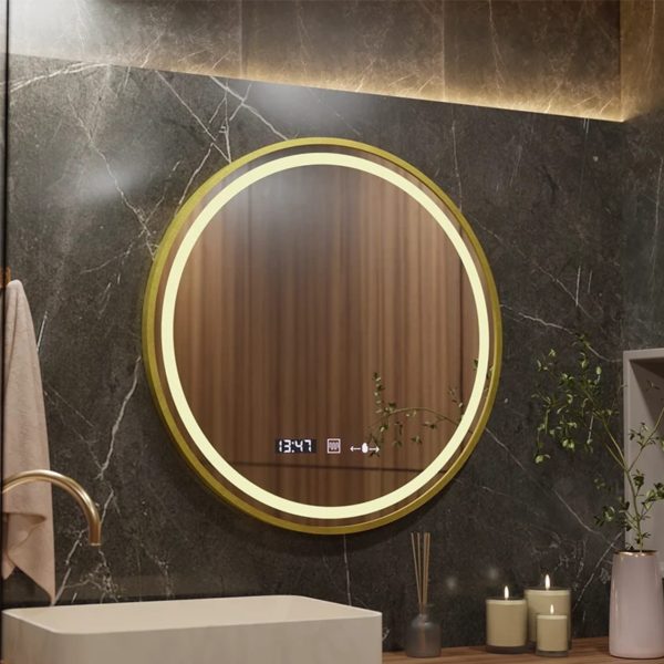 Oglinda LED Rotunda, 70cm, Celeste Royale Gold MotionGlow Marcello, Sistem Dezaburire, Ceas & Termometru, Dimabila