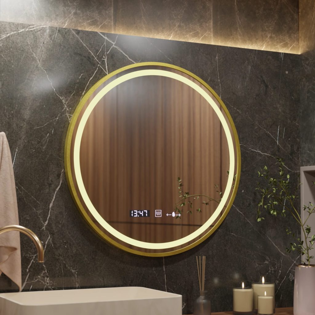 Oglinda LED Rotunda, 80cm, Celeste Royale Gold MotionGlow Marcello, Sistem Dezaburire, Ceas & Termometru, Dimabila