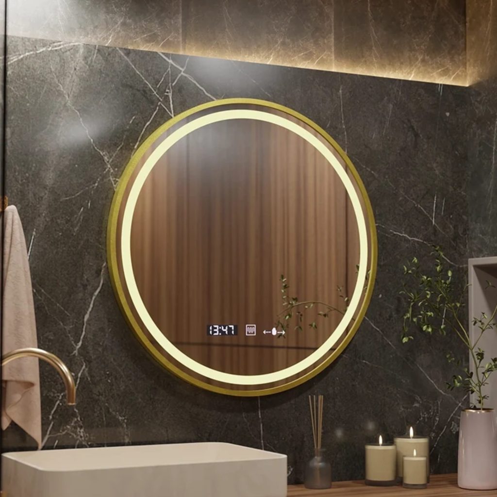 Oglinda LED Senzor MotionGlow Faratya Sistem Dezaburire Termometru si Ceas Rama Auriu Periat Rotunda Diametru 100 cm Lumina Rece/Calda/Neutra Dimabila Colectia Marcello Funghi