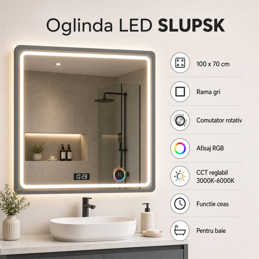 Oglinda LED SLUPSK, 100x70cm, Gri, Comutator rotativ inteligent cu afisaj RGB, CCT reglabil 3000K–6000K, Metal, Functii Ceas
