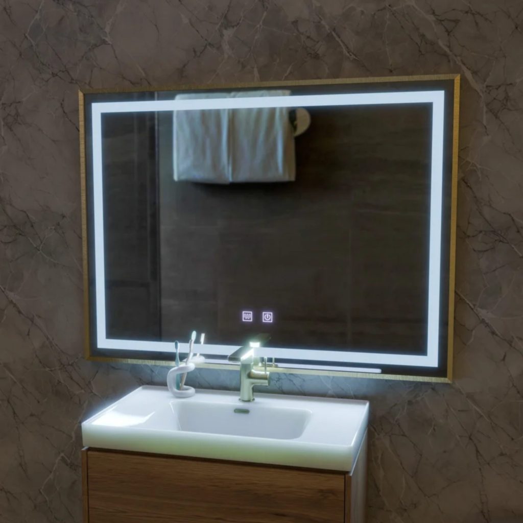 Oglinda LED Touch Kariri, 80x60 cm, functie Dezaburire, Rama Gold Rose Brushed
