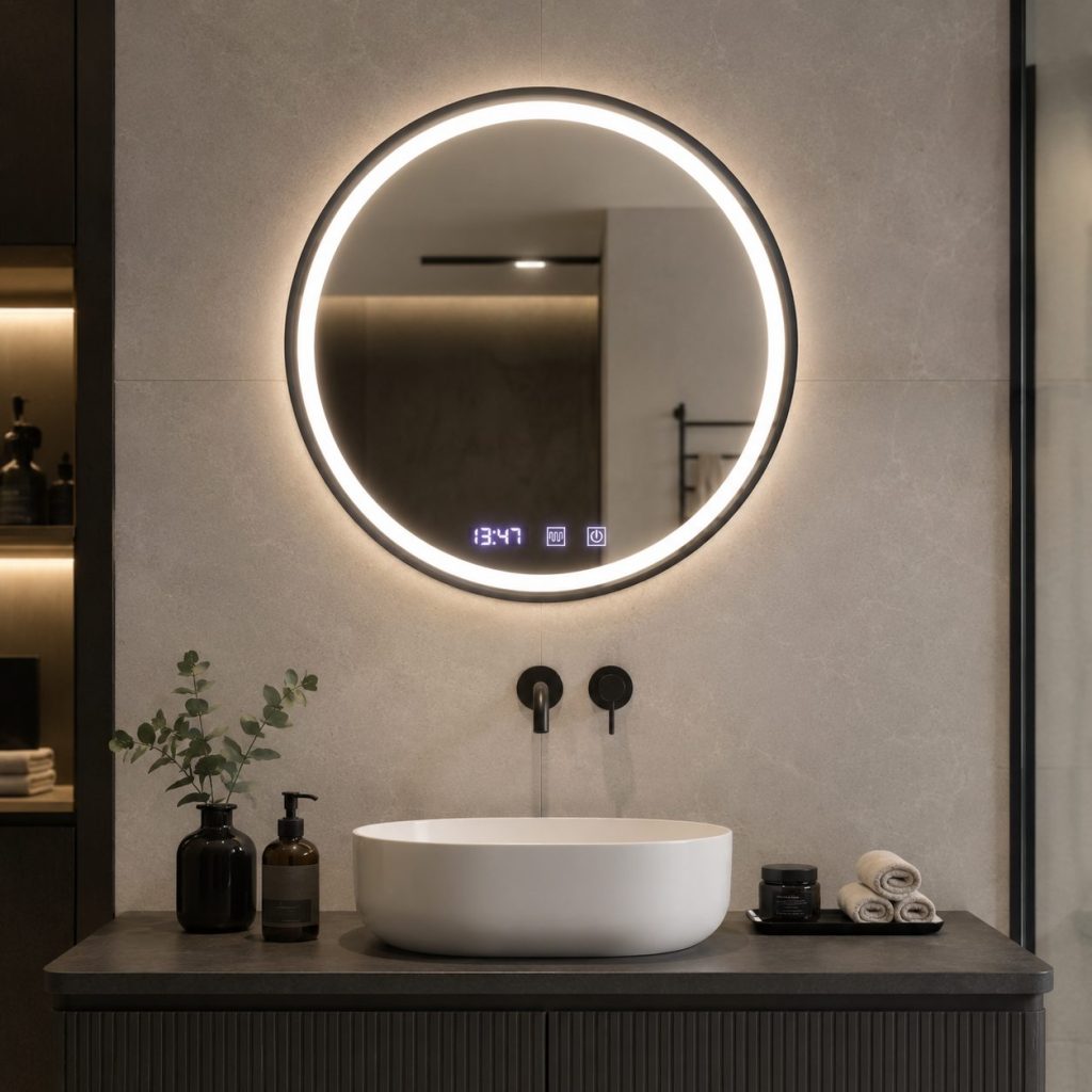 Oglinda LED Touch NOVARA Sistem Dezaburire, Ceas si Temperatura 90 cm Rama Negru Brushed