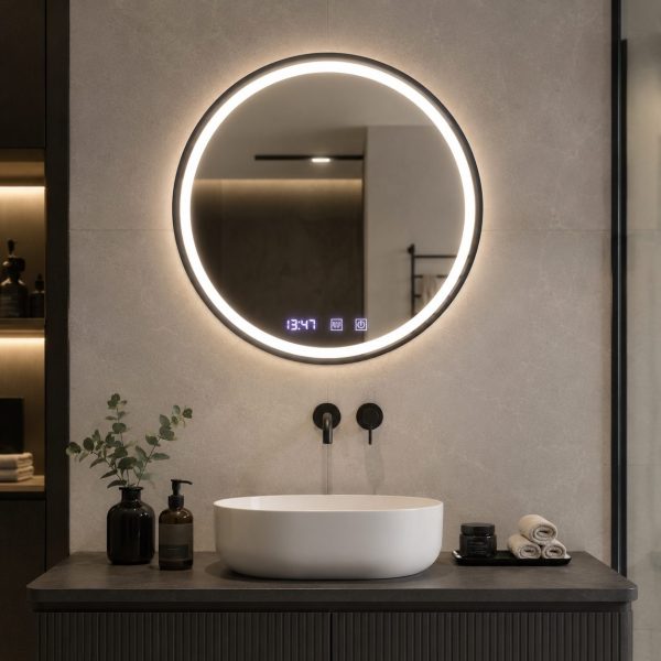 Oglinda LED Touch NOVARA Sistem Dezaburire, Ceas si Temperatura 90 cm Rama Negru Brushed