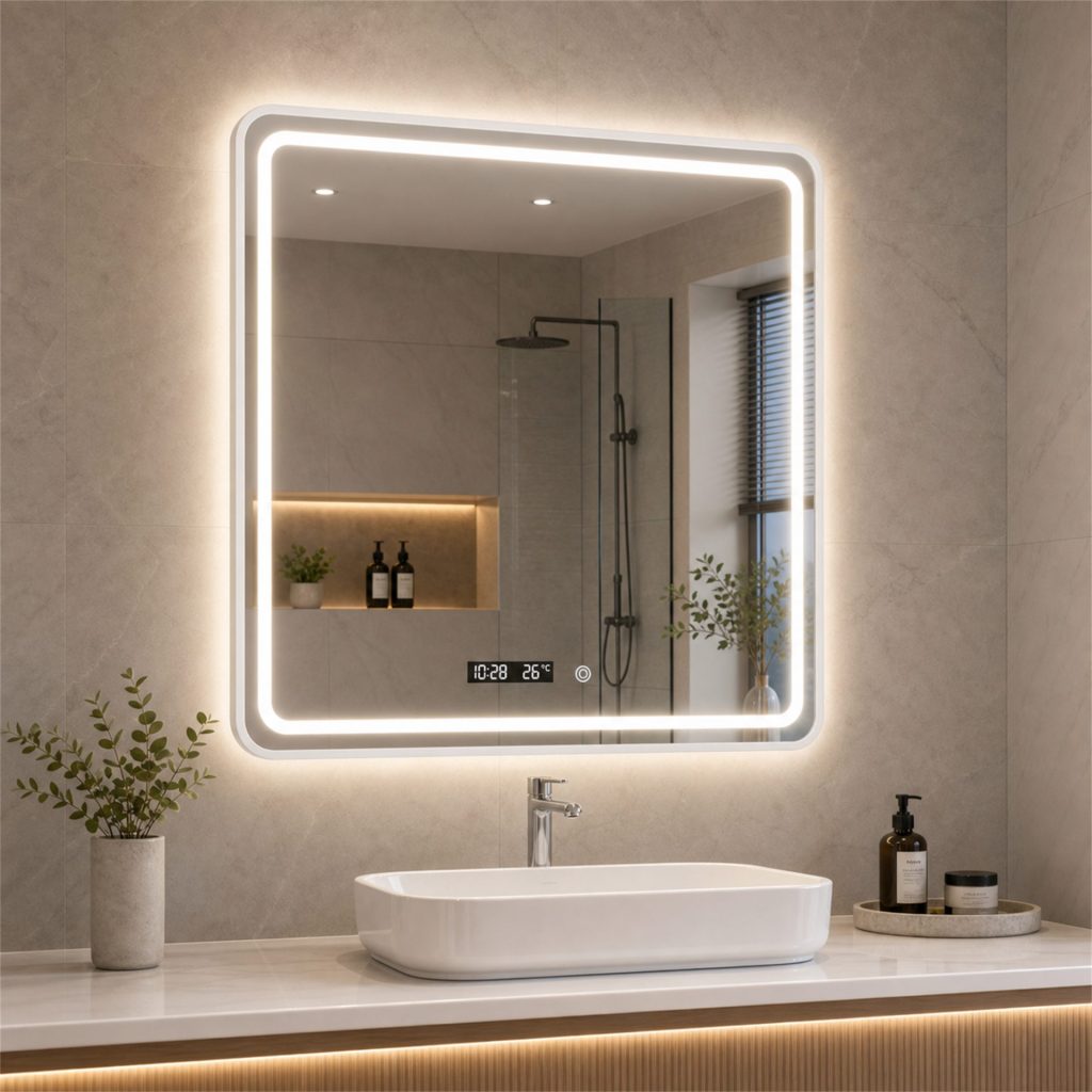 Oglinda LED WAMOSK, 52W, 75x90cm, Alb, Senzor, Lumina 3000K, 4000K, 6000K, Sistem Dezaburire, Metal, Functii Ceas si Temperatura