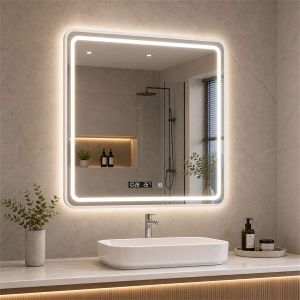 Oglinda LED WAMOSK, 52W, 75x90cm, Alb, Senzor, Lumina 3000K, 4000K, 6000K, Sistem Dezaburire, Metal, Functii Ceas si Temperatura