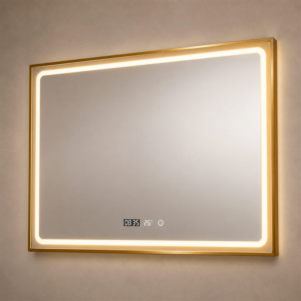 Oglinda LED WAMOSK, 90x70cm, Auriu, Senzor, Lumina 3000K, 4000K, 6000K, Sistem Dezaburire, Metal, Functii Ceas si Temperatura