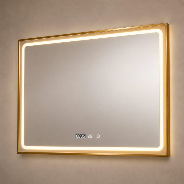 Oglinda LED WAMOSK, 90x70cm, Auriu, Senzor, Lumina 3000K, 4000K, 6000K, Sistem Dezaburire, Metal, Functii Ceas si Temperatura