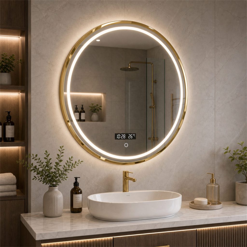 Oglinda LED WARSA Rotunda, 60cm, Auriu Lucios, Senzor, Lumina 4000K, Sistem Dezaburire, Metal, Functii Ceas si Temperatura