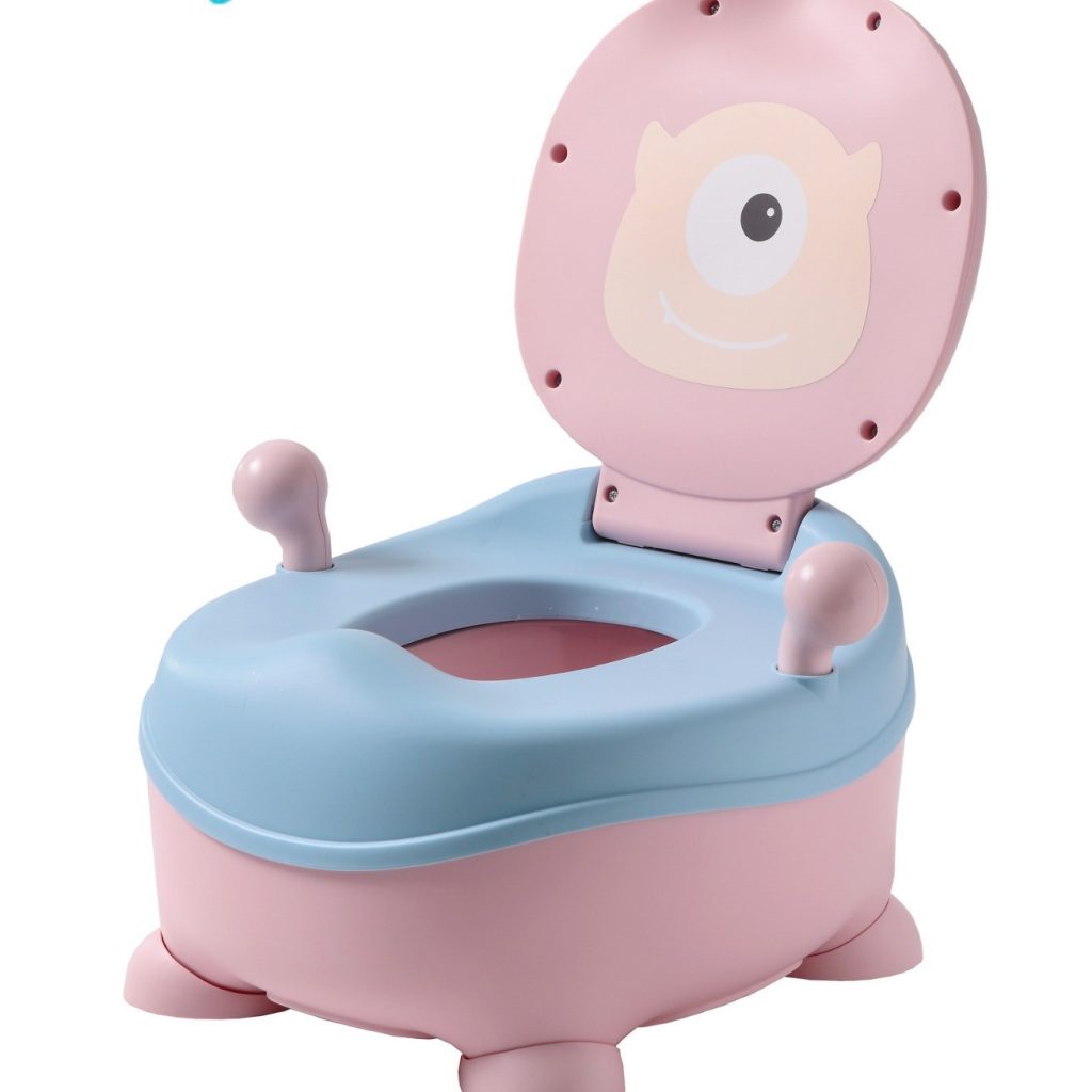 Olita pentru Copii, Flippy, +6 luni, Compartiment Detasabil, cu Capac, Antiderapanta, din Plastic, Colac Moale, Model Animat Ciclop, cu Maner, 33 x 21 x 45 cm, Albastru/Roz